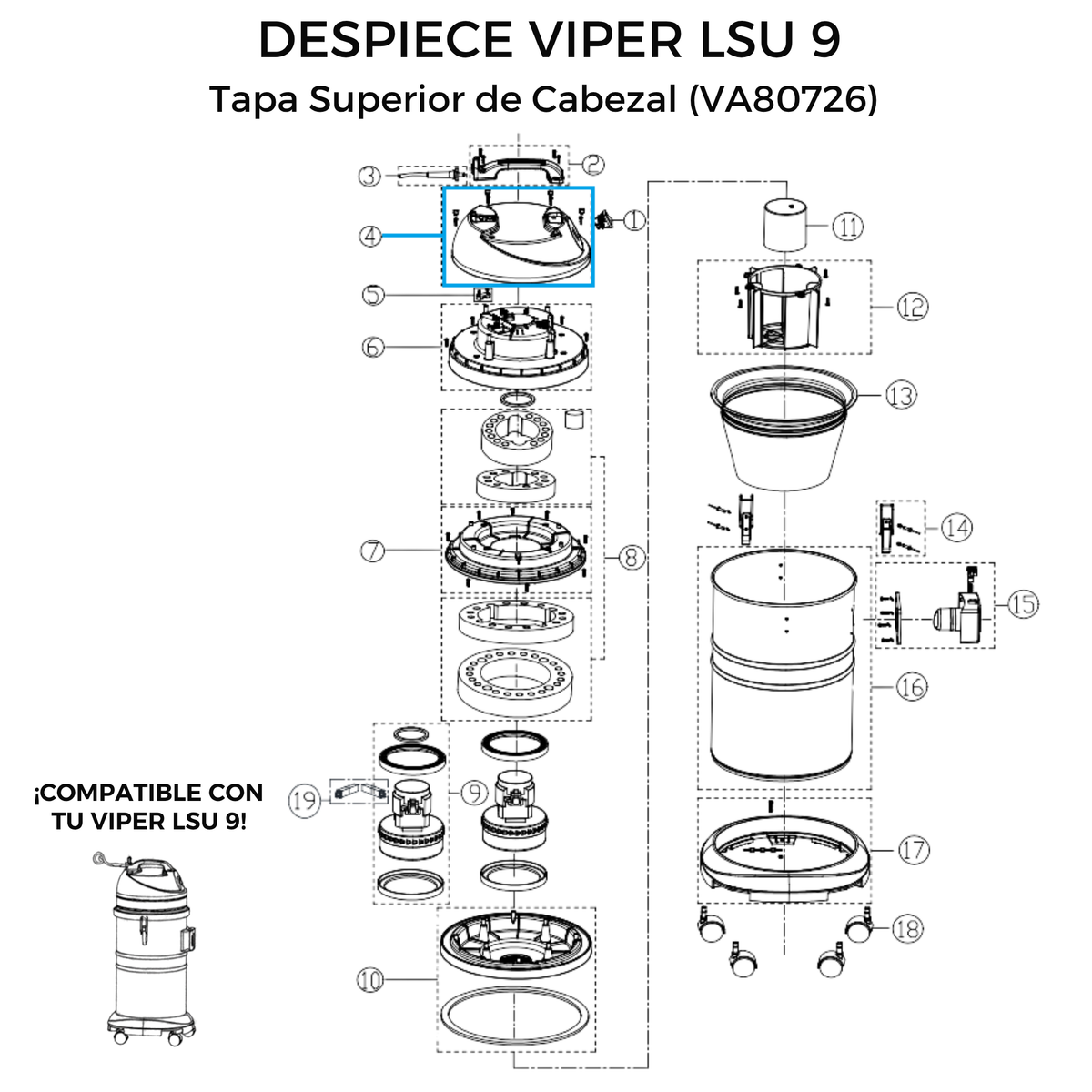 Tapa Superior de Cabezal para Aspiradora Viper LSU 9